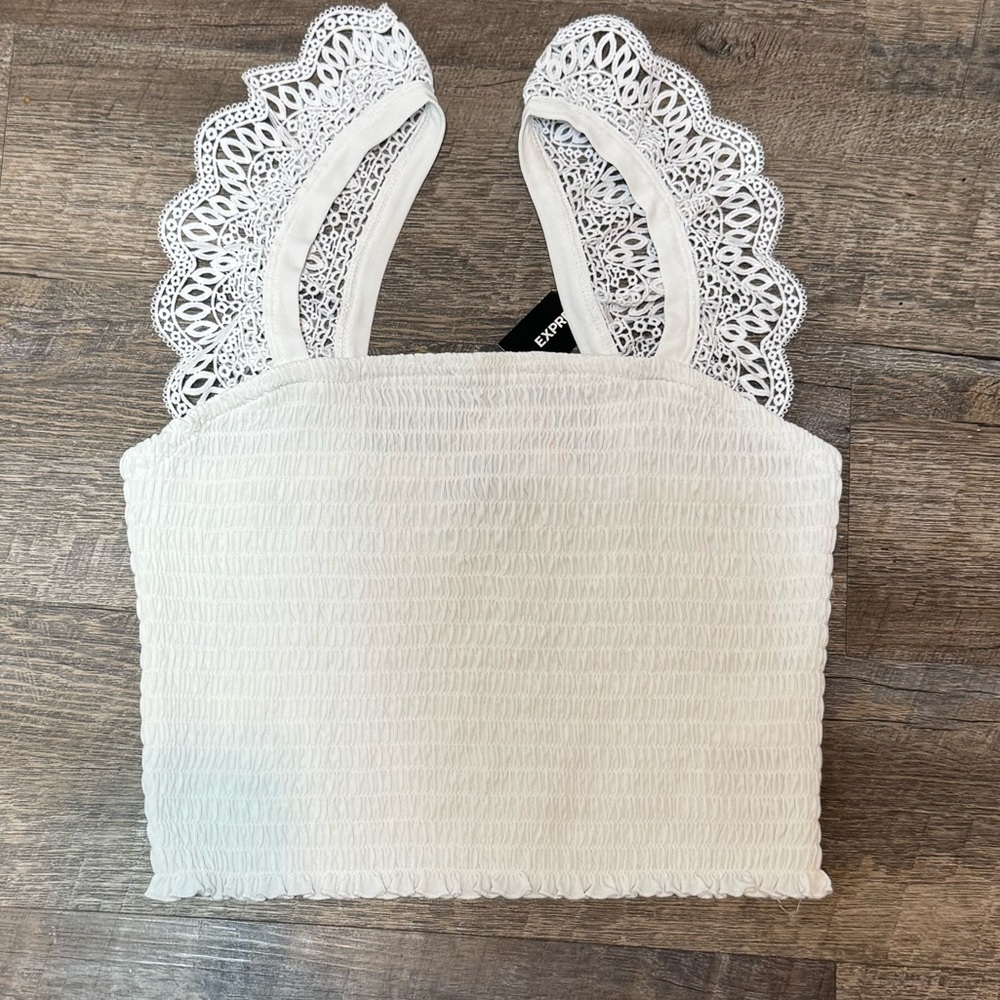 Express White Crochet Smocked Crop Top Lace  Women’s SZ M
